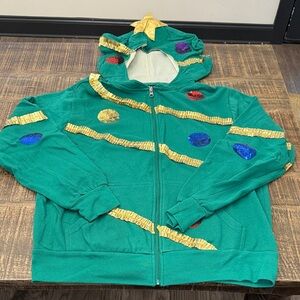 MAD Engine Green Zip-Up Christmas Tree Sweater with Festive Accents